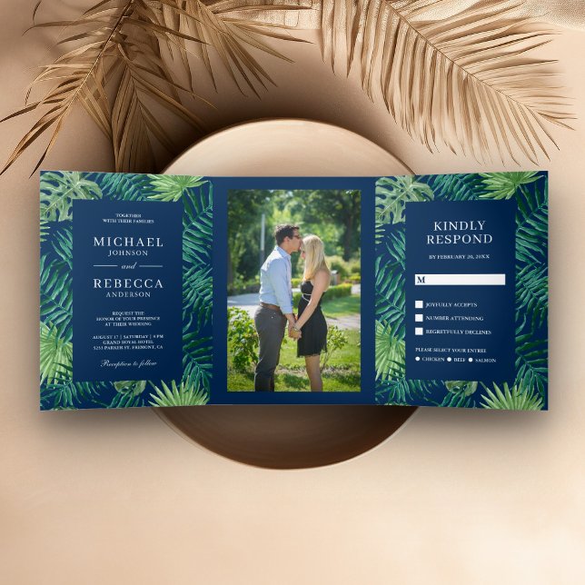Green and Navy Blue Palm Leaves Tropical Wedding Tri-Fold Invitation (Creator Uploaded)