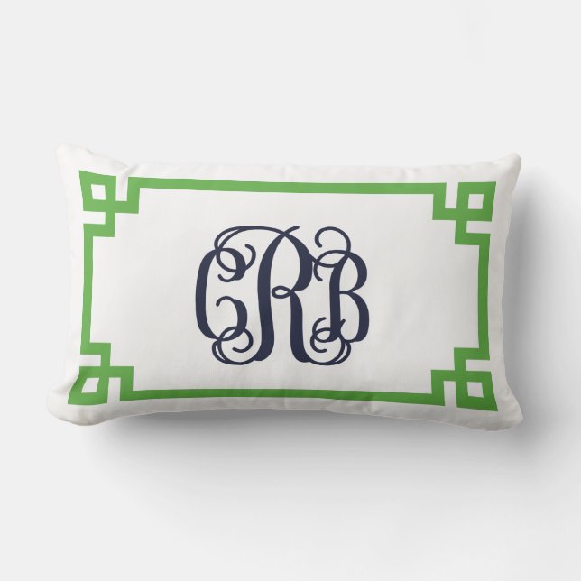 Green and Navy Greek Key Script Monogram CRB Lumbar Cushion (Front)