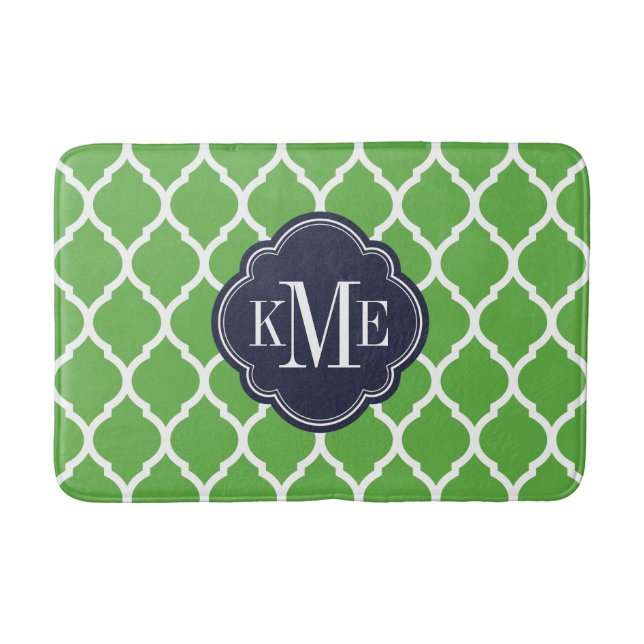 Green and Navy Moroccan Quatrefoil Monogram Bath Mat (Front)