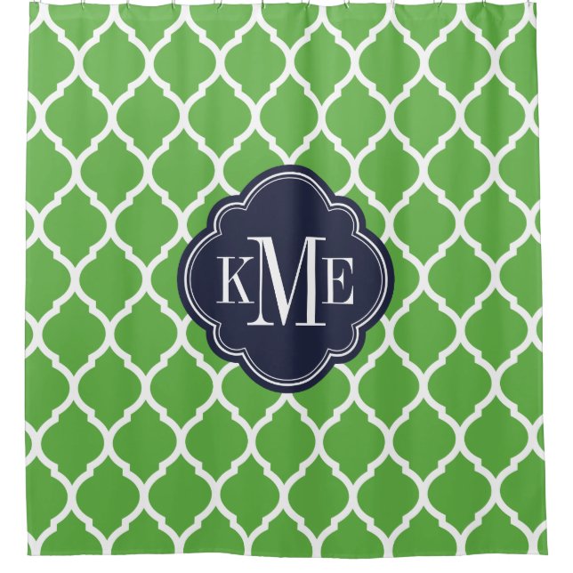 Green and Navy Moroccan Quatrefoil Monogram Shower Curtain (Front)