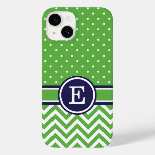 Green and Navy Preppy Chevron Dots Monogram Case-Mate iPhone 14 Case