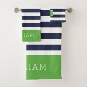 Green and Navy Stripes Monogram Bath Towel Set