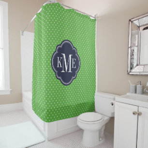 Green and Navy Tiny Dots Monogram Shower Curtain
