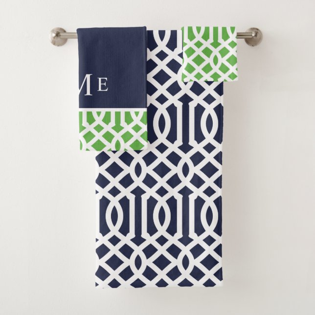 Green and Navy Trellis Monogram Bath Towel Set (Insitu)