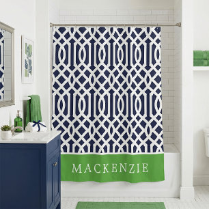 Green and Navy Trellis Monogram Shower Curtain