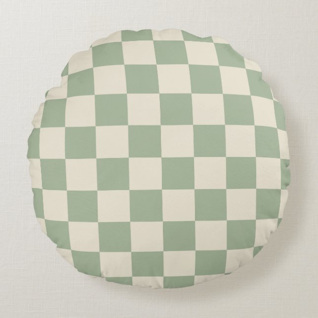 Green and Off White Chequerboard Round Cushion (Front)