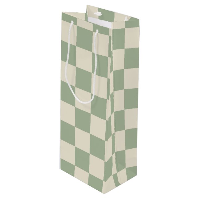 Green and Off White Chequerboard Wine Gift Bag (Front Angled)