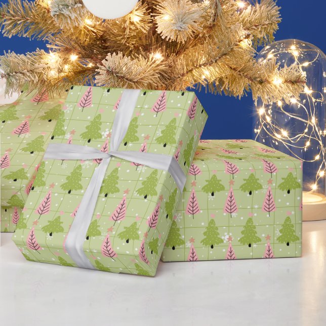 Green and Off White Christmas Trees Pink Christmas Wrapping Paper (Holidays)