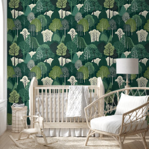Green and Off White Forest Removable Wallpaper