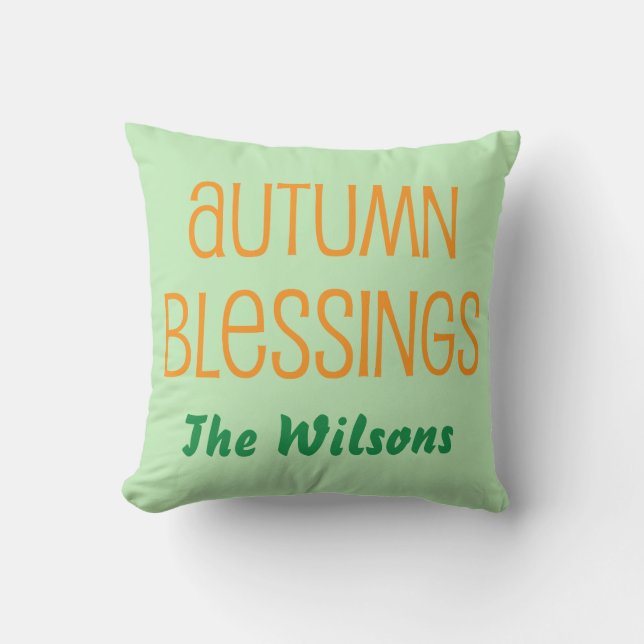 Green and Orange Family Autumn Blessings Cushion (Front)