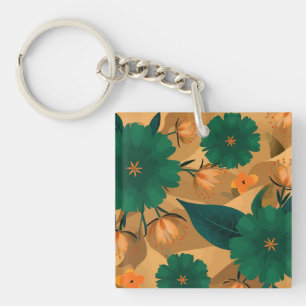 Green and orange Florals with golden background Key Ring