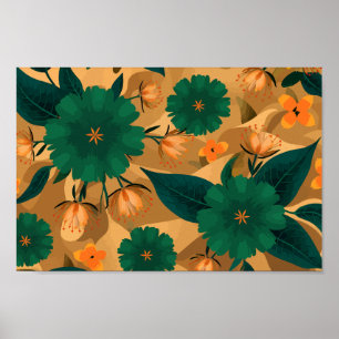 Green and orange Florals with golden background Poster