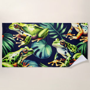 Green and orange frogs on fresh leaves, watercolor beach towel