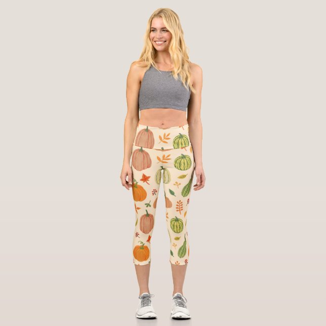 Green and orange pumpkins, seamless pattern. capri leggings (Front)