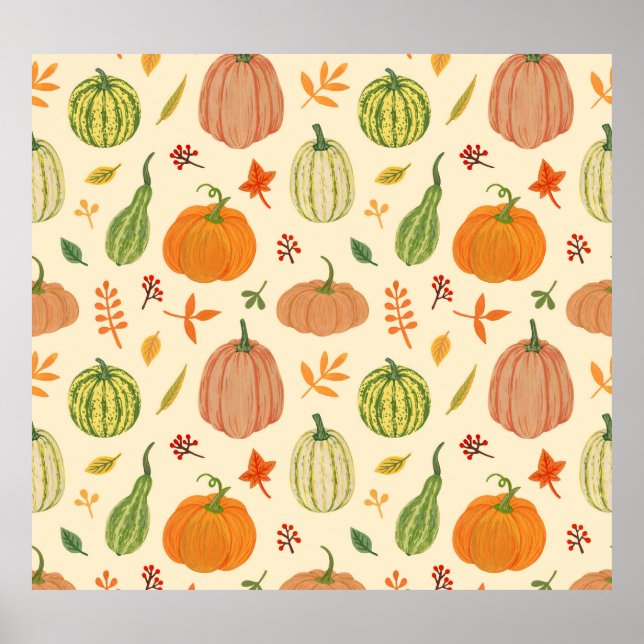 Green and orange pumpkins, seamless pattern. poster (Front)