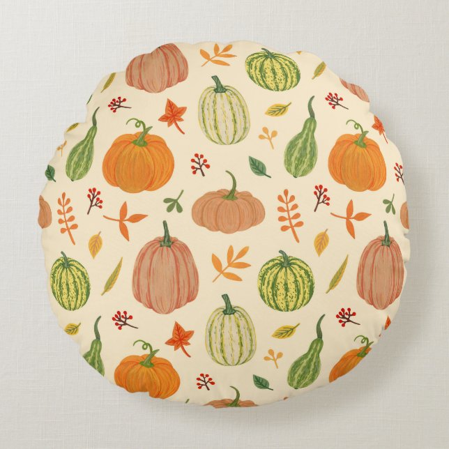 Green and orange pumpkins, seamless pattern. round cushion (Front)