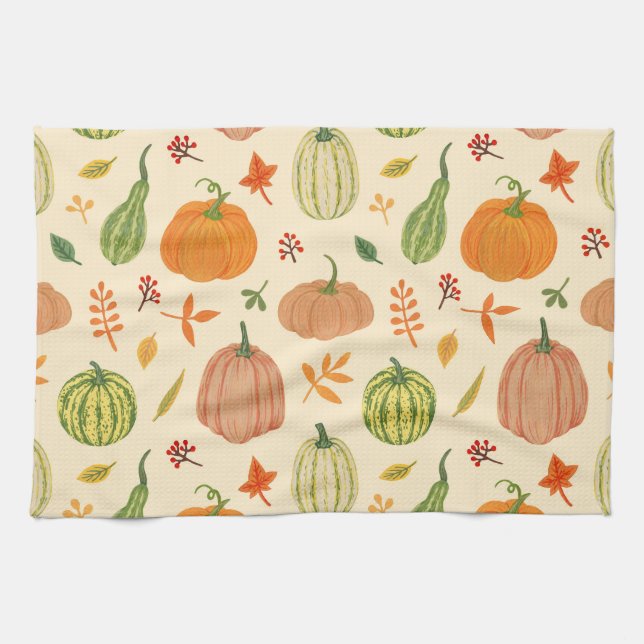 Green and orange pumpkins, seamless pattern. tea towel (Horizontal)