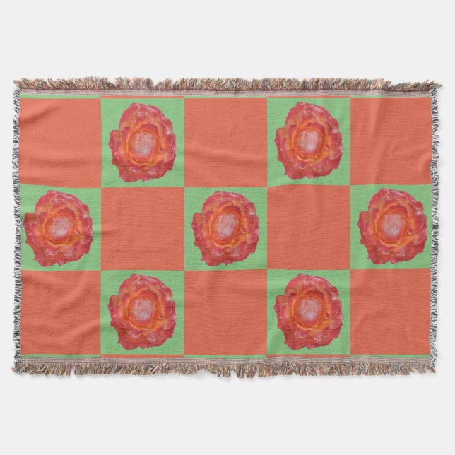 Green and orange roses pattern throw blanket (Front)