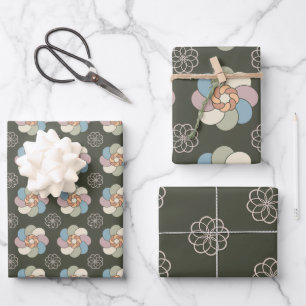 Green and pastel, 60s style intricate floral wrapping paper sheet
