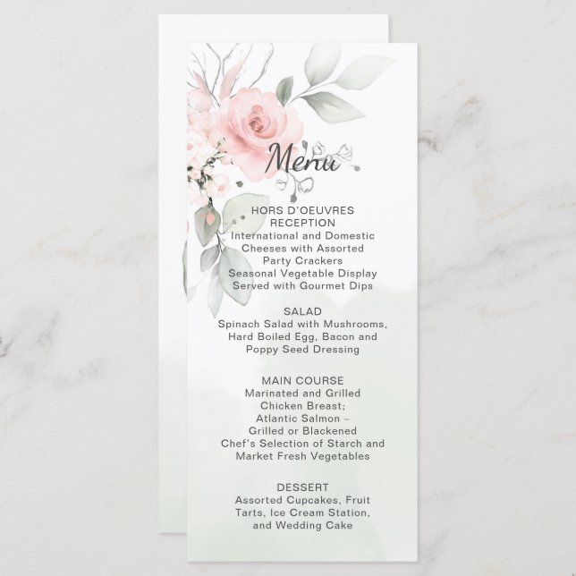 Green and Pastel Pink Roses Wedding Menu (Front/Back)