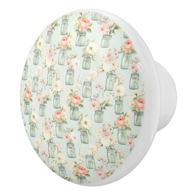 Green and Peach Mason Jars Floral Ceramic Pull (Right)