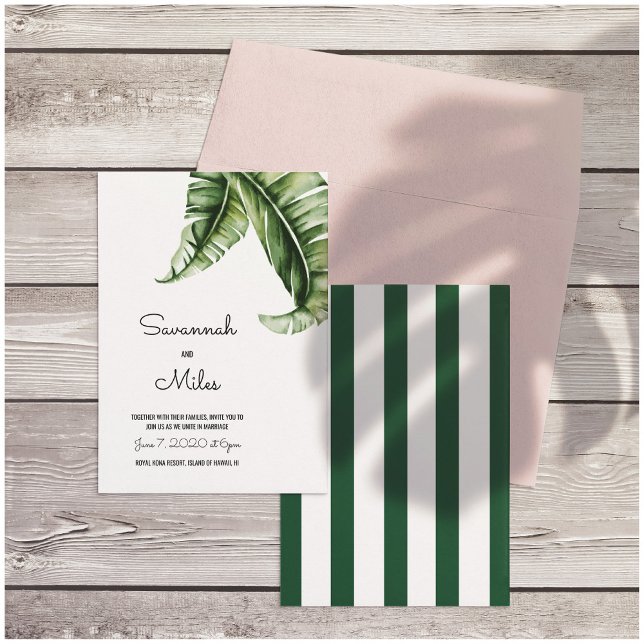 Green and Pink Banana Palm Leaf Tropical  Invitation (Optional stripes on Back)