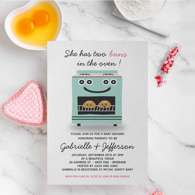 Green and Pink Buns In The Oven Twins Baby Shower Invitation (Creator Uploaded)