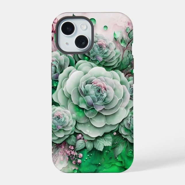 Green and Pink Cactus Succulent iPhone 15 Case (Back)