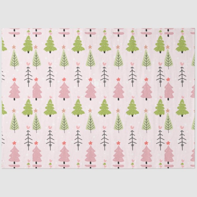 Green and Pink Christmas Trees Stars Christmas Tissue Paper (Front)