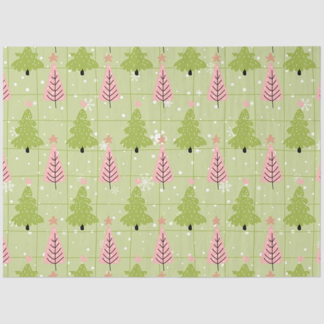 Green and Pink Christmas Trees Stars Christmas Tissue Paper (Front)