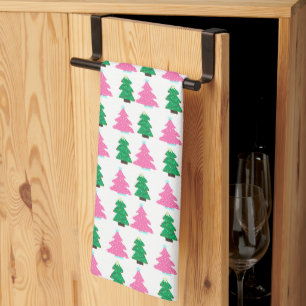 Green and Pink Christmas Trees  Tea Towel