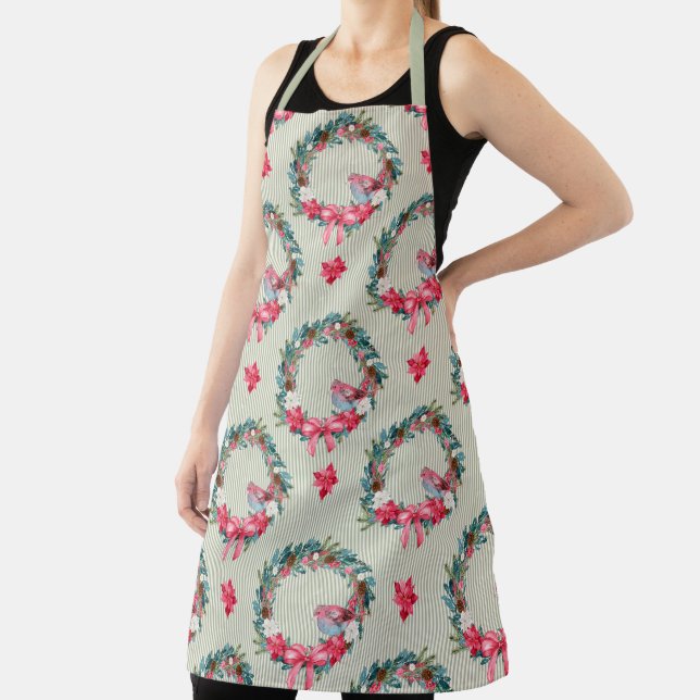 Green and Pink Christmas Wreath and Cardinal  Apron (Insitu)