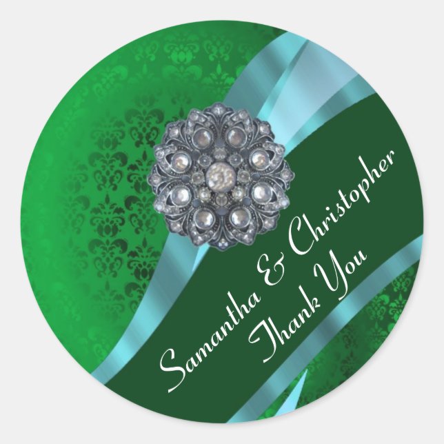 Green and pink damask wedding seal (Front)