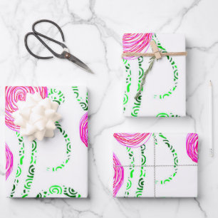Green and Pink Doodle Flower Vines Illustration Wrapping Paper Sheet
