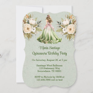 Green and Pink Dress Quinceanera Birthday Party Invitation