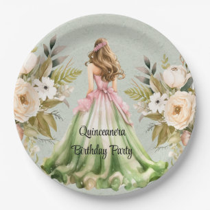Green and Pink Dress Quinceanera Birthday Party Paper Plate