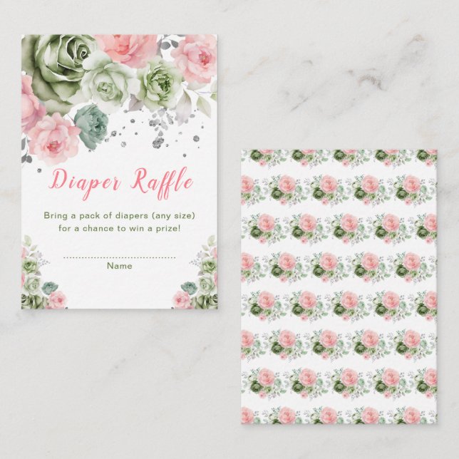 Green and Pink Floral Baby Shower Diaper Raffle Enclosure Card (Front/Back)