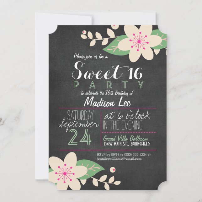 Green and Pink Floral Chalkboard Sweet 16 Party Invitation (Front)