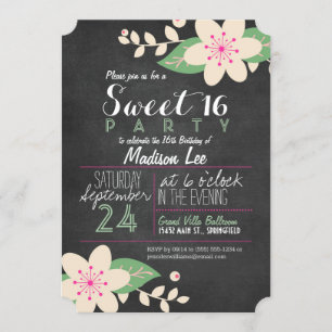 Green and Pink Floral Chalkboard Sweet 16 Party Invitation