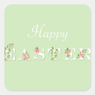 Green and Pink Floral Happy Easter Square Sticker