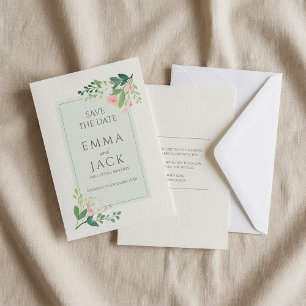 Green and pink floral soft wedding save the date