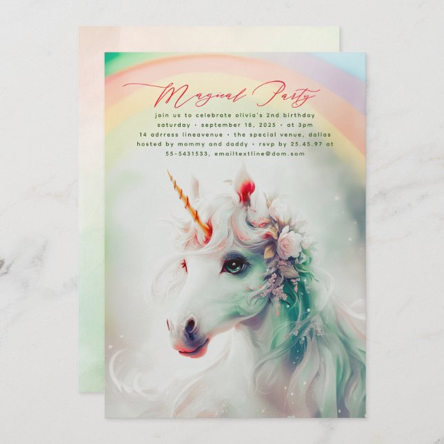 Green and Pink Floral Unicorn Birthday Invitations (Front/Back)