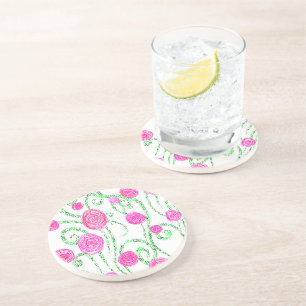 Green and Pink Flower Illustration Coaster