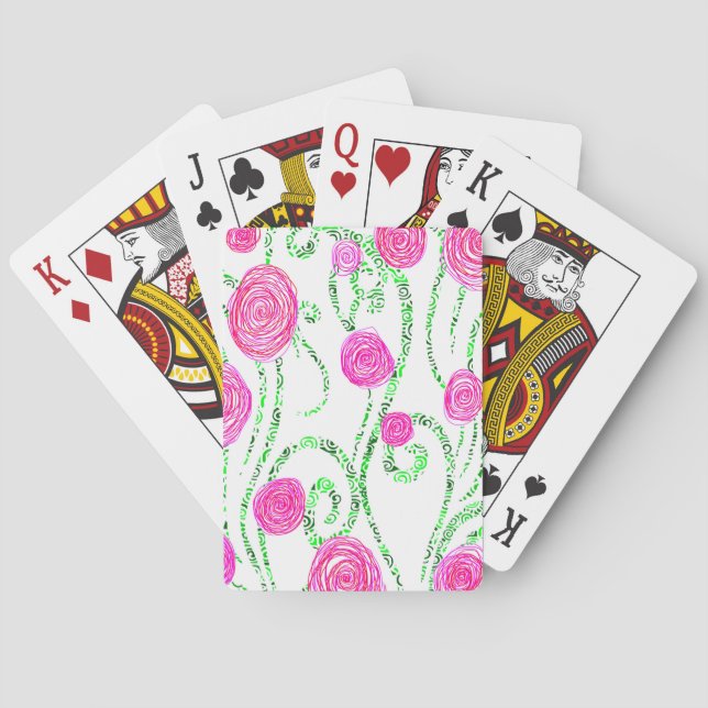 Green and Pink Flower Illustration Playing Cards (Back)