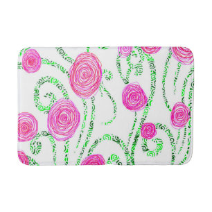 Green and Pink Flower Vines Bath Mat