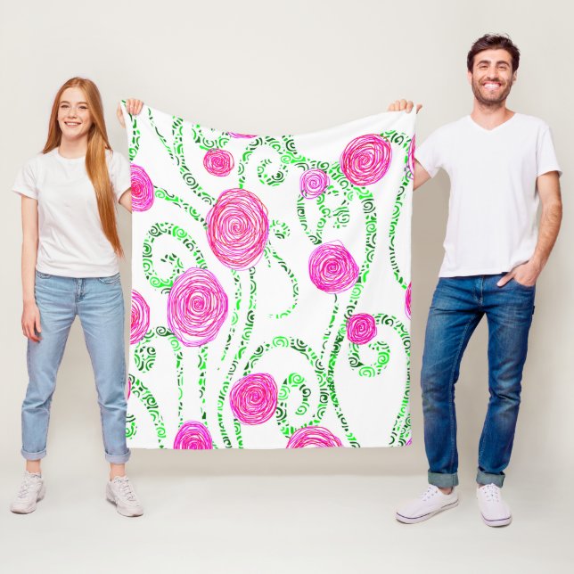 Green and Pink Flower Vines Fleece Blanket (In Situ)