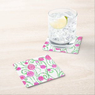 Green and Pink Flower Vines Square Paper Coaster
