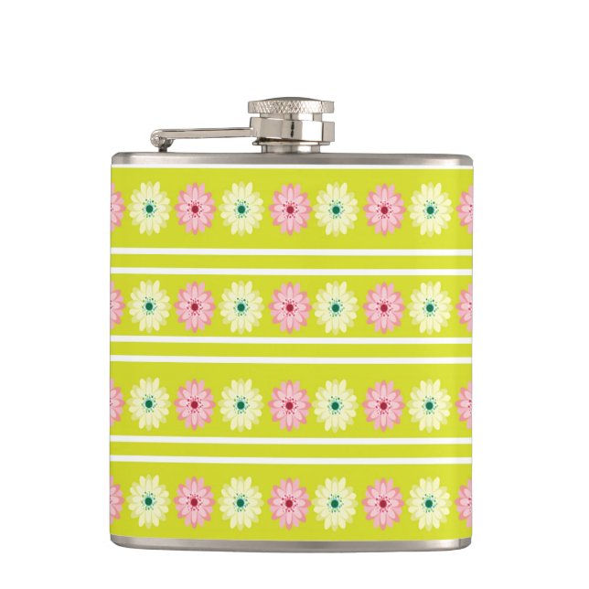Green and pink flowers pattern hip flask (Front)