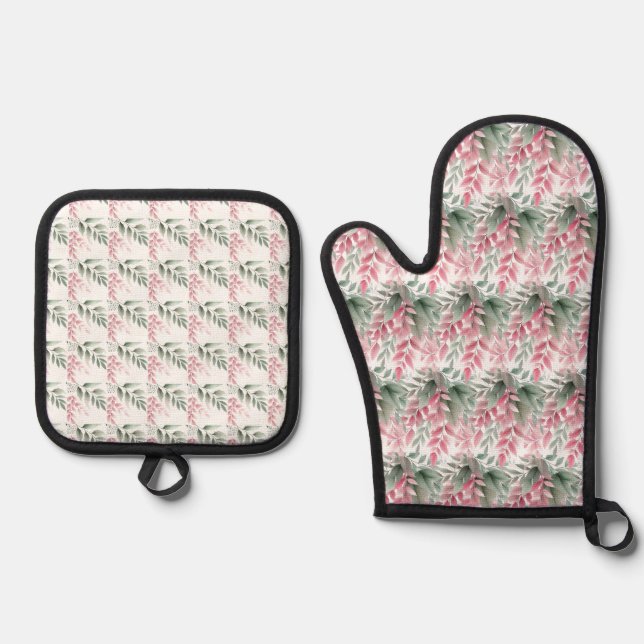 Green and Pink Foliage Oven Mitt and Pot Holders Oven Mitt & Pot Holder Set (Front)
