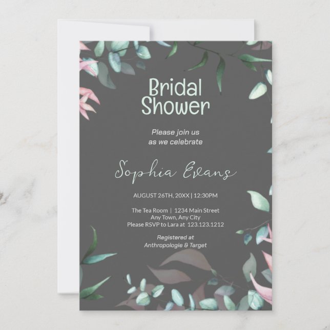 Green and Pink Greenery Grey Bridal Shower Invitation (Front)
